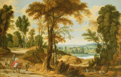 Paysage fluvial boisé avec des figures sur une route